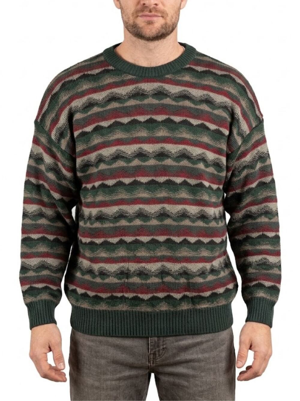 New Zealand 100% Wool Vintage Sweater M Geometric Retro Crew Neck Knit Grandpa